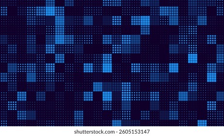 Blue Digital Halftone Pixel Background with Dithered Raster Effect. Modern Tech-Inspired Mosaic Design for Data Grid and Code Visual Themes. Minimal Geometric Pattern. Vector Illustration.