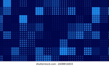 Blue Digital Halftone Pixel Background with Dithered Raster Effect. Modern Tech-Inspired Mosaic Design for Data Grid and Code Visual Themes. Minimal Geometric Pattern. Vector Illustration.