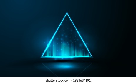 Blue digital hologram neon triangle Border with copy space in dark room. Neon triangular frame on dark background