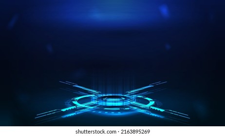 Blue Digital Hologram Of Podium With Digital Rings And Cross In Dark Room