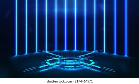 Blue digital hologram of podium with digital rings and cross in dark room with wall of line vertical neon lamps on background.
