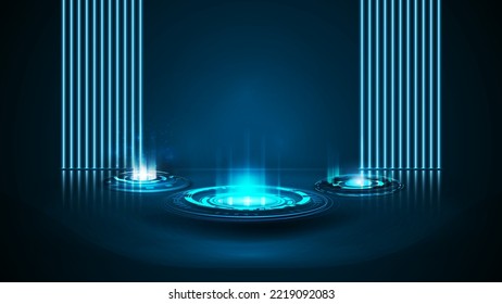 Blue digital hologram portals in cylindrical shape in blue scene with wall of line neon lamps