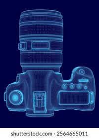 Blue digital image of a camera lens. The lens is shown in a 3D perspective, with the view from the front of the lens