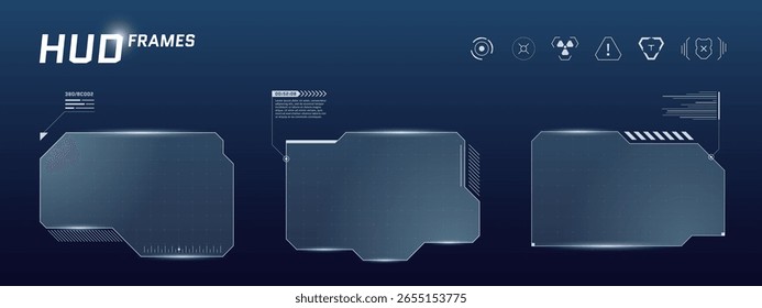 Blue digital interface frame with sci fi HUD elements, glowing buttons and title bar. Futuristic dashboard layout for game stream or cyberpunk virtual display system.