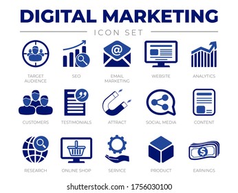 Blue Digital Marketing Icon Set. Zielpublikum, SEO, E-Mail-Marketing, Website, Analytik, Kunden, Referenzen, Attraktionen, Social Media, Inhalte, Symbole.