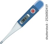 Blue digital medical thermometer displaying a temperature of 38.7 degrees celsius