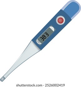 Blue digital medical thermometer displaying a temperature of 38.7 degrees celsius