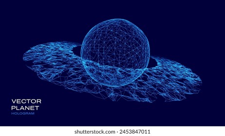 Blue Digital Planet Hologram HUD with Rings. Particles Hi-Tech Globe Design. Plexus Digital Ecosystem Concept. Futuristic Sci-Fi Hologram Element. Vector Illustration.