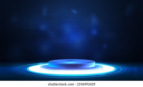 Blue digital podium with circle shine lamp on floor