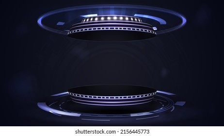 Blue digital podium with hologram of digital rings in dark room