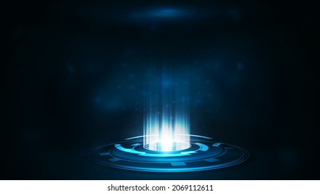 Blue digital portal with particles and hologram digital rings in dark room