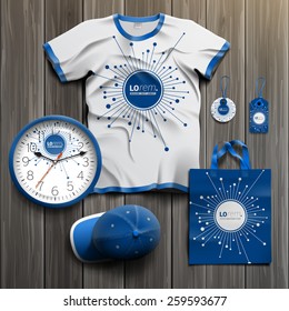 Blue digital promotional souvenirs design for corporate identity with optical fiber elements. Stationery set