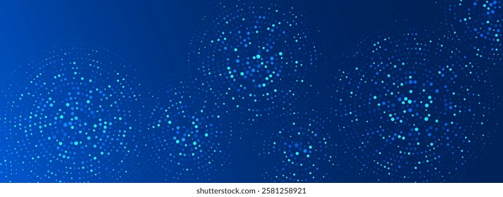 Blue digital technology pattern wallpaper. Glowing dotted circle background. Abstract dot round grid backdrop for business, science, healthcare, medicine, finance. Vector navy shining texture surface