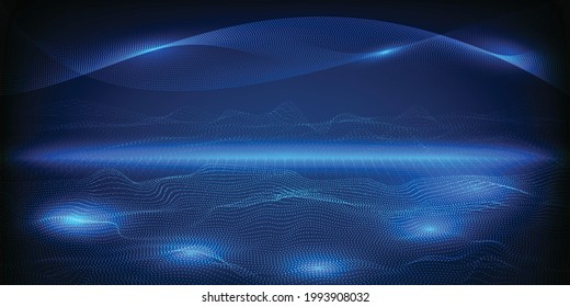 Blue Digital Terrain Landscape For Science Fiction And Technology Background.Vector Illustrations.