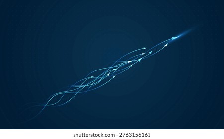 Blue digital traces move with arrow-like speed, highlighting the momentum of a thriving finance and business ecosystem. and An abstract representation of business targets, featuring upward-aiming digital lines that signify robust finance health.