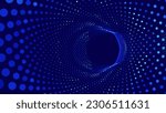 Blue Digital Tunnel or Wormhole. Wireframe Abstract Mesh with Hole. 3D Tunnel Grid Mesh. Blue Hi Tech Texture. Technology or Science Vector Illustation.