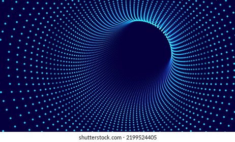 Blue Digital Tunnel or Wormhole. Wireframe Abstract Mesh with Hole. 3D Tunnel Grid Mesh. Blue Hi Tech Texture. Technology or Science Vector Illustation.