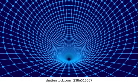 Túnel digital azul o Wormhole. Malla abstracta con tallo de alambre. Malla de la rejilla del túnel 3D. Blue Hi Tech Texture. Ilustración de vectores de tecnología o ciencia.