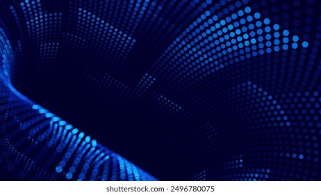 Blue Digital Tunnel or Wormhole. Wireframe Abstract Mesh with Hole. 3D Tunnel Grid Mesh. Blue Hi Tech Texture. Technology or Science Vector Illustration.