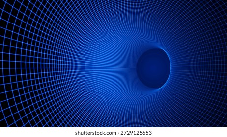Túnel digital azul o agujero de gusano. Malla Abstractas de alambre con agujero. Malla de rejilla de túnel 3D dentro del tubo. Textura azul Hi Tech. Ilustración vectorial de Tecnología o Ciencia.