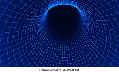Túnel digital azul o agujero de gusano. Malla Abstractas de alambre con agujero. Malla de rejilla de túnel 3D dentro del tubo. Textura azul Hi Tech. Ilustración vectorial de Tecnología o Ciencia.