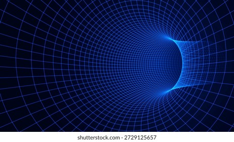 Túnel digital azul o agujero de gusano. Malla Abstractas de alambre con agujero. Malla de rejilla de túnel 3D dentro del tubo. Textura azul Hi Tech. Ilustración vectorial de Tecnología o Ciencia.