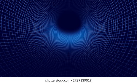 Túnel digital azul o agujero de gusano. Malla Abstractas de alambre con agujero. Malla de rejilla de túnel 3D dentro del tubo. Textura azul Hi Tech. Ilustración vectorial de Tecnología o Ciencia.