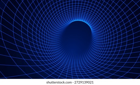 Túnel digital azul o agujero de gusano. Malla Abstractas de alambre con agujero. Malla de rejilla de túnel 3D dentro del tubo. Textura azul Hi Tech. Ilustración vectorial de Tecnología o Ciencia.