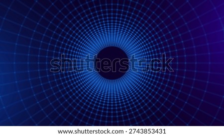 Blue Digital Tunnel or Wormhole. Wireframe Abstract Mesh with Hole. 3D Tunnel Grid Mesh. Blue Hi Tech Texture. Technology or Science Vector Illustration.