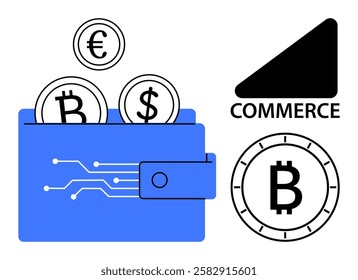 Blue digital wallet with Bitcoin, Euro, and Dollar coins, commerce icon. Ideal for finance, cryptocurrency, digital transactions, online payment, fintech, e-commerce, investment. Line metaphor