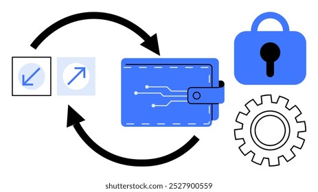 Blue digital wallet with circuit lines surrounded by arrows, lock, and gear symbol. Ideal for finance, digital security, e-commerce, fintech, technology. Clean and modern style