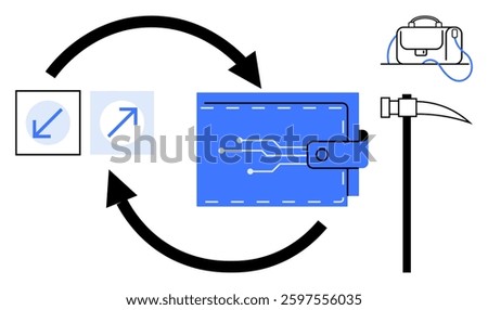 Blue digital wallet, crypto mining hammer, pickaxe, exchange arrows pointing both directions, and circuit icons. Ideal for finance, cryptocurrency, blockchain tech, digital transactions, fintech