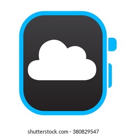 Blue digital watch with cloud symbol on its screen, data storage concept. Vector icon with white background.