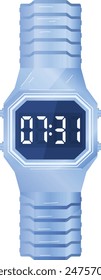 Blue digital wristwatch displaying time 931. Retro style digital watch, blue strap, isolated white background. Classic 80s watch design, fashion accessory illustration