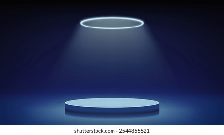 Blue dim stage, podium. Room with round podium pedestal illuminated by circular cyan neon, led halo. Backdrop. Showcase. Pale background for displaying products, presentation. Vector illustration