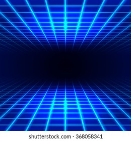Blue dimensional grid space tunnel floor and ceiling