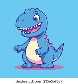 blue dinosaur with a big smile on its face, standing on its hind legs and holding its arms out to its sides. The dinosaur has sharp teeth and a long tail. The background is blue.