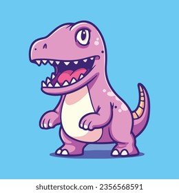 blue dinosaur with a big smile on its face, standing on its hind legs and holding its arms out to its sides. The dinosaur has sharp teeth and a long tail. The background is blue.