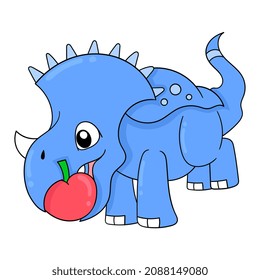 blue dinosaur chewing red apple, vector illustration art. doodle icon image kawaii.