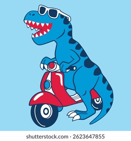 blue dinosaur with glasses riding a red motorcycle or scooter