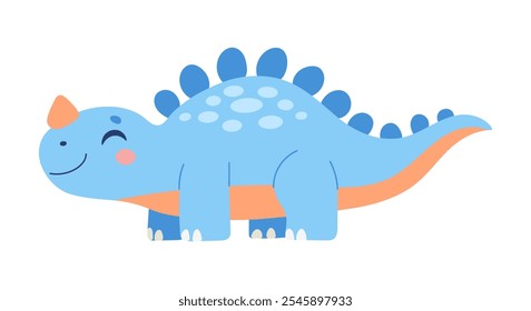 A blue dinosaur with orange spots is smiling. It has a happy expression. The dinosaur is laying down on its back