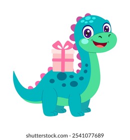 A blue dinosaur with a pink present on its back. The dinosaur is smiling