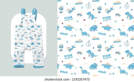 Blue Dinosaur Repeating Seamless Pattern For Baby Dungaree Or Baby Clothing, Blue Cute Dinosaur Flat Design Vector Pattern