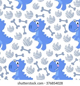Blue Dinosaur Rex vector seamless pattern. Dinosaur boy design