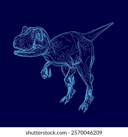 Blue dinosaur is shown in a blue background. The dinosaur is a large, long-necked creature with a long tail. The image has a futuristic feel to it, with the blue color and the dinosaur's design