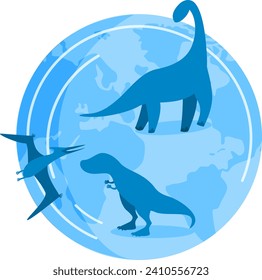 Blue dinosaur silhouettes over world map background. Prehistoric animals on globe, Jurassic concept. Dinosaurs extinction and history vector illustration.