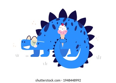 A blue dinosaur in sunglasses holding an ice cream.  Cute cartoon style dino character isolated on white background. Vector illustration for children t-shirts, stickers, prints.