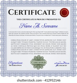 Blue Diploma. With background. Excellent design. Border, frame. 