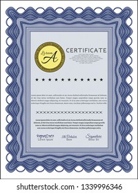 Blue Diploma. Beauty design. With guilloche pattern. Detailed. 