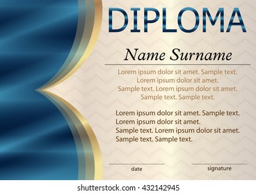Blue diploma or certificate or horizontal template. The text on separate layers. Award winner. Reward. Winning the competition. Vector illustration.